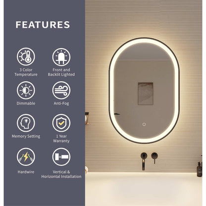 30 Inch Oval LED Front and Backlit Wall Mirror in Black