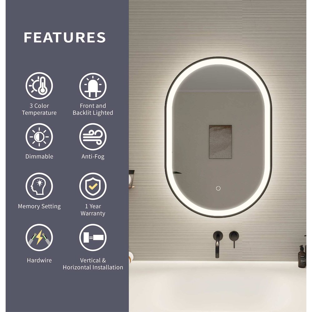 30 Inch Oval LED Front and Backlit Wall Mirror in Black
