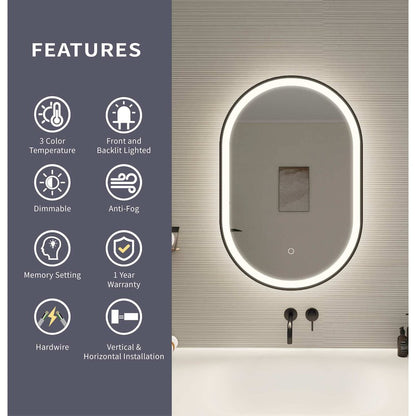 30 Inch Oval LED Front and Backlit Wall Mirror in Black