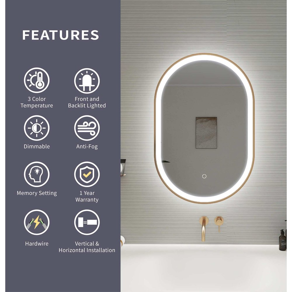 30 Inch Oval LED Front and Backlit Wall Mirror in Satin Gold