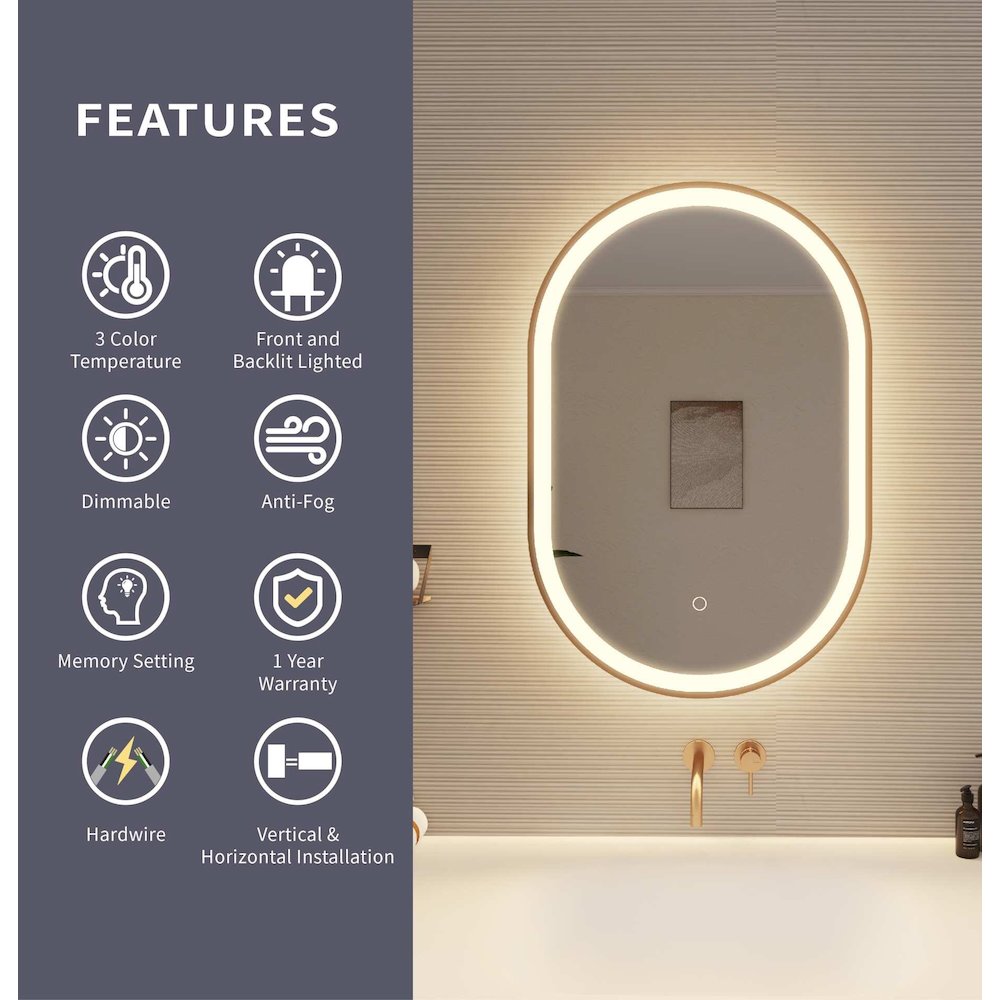 30 Inch Oval LED Front and Backlit Wall Mirror in Satin Gold