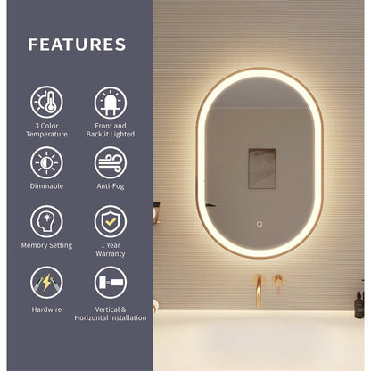30 Inch Oval LED Front and Backlit Wall Mirror in Satin Gold