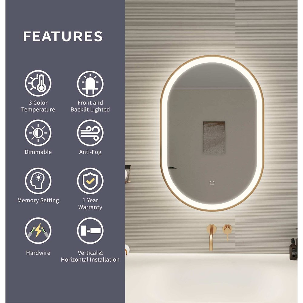 30 Inch Oval LED Front and Backlit Wall Mirror in Satin Gold