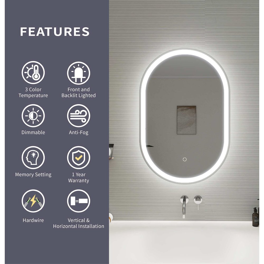30 Inch Oval LED Front and Backlit Wall Mirror in Silver