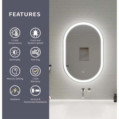 30 Inch Oval LED Front and Backlit Wall Mirror in Silver