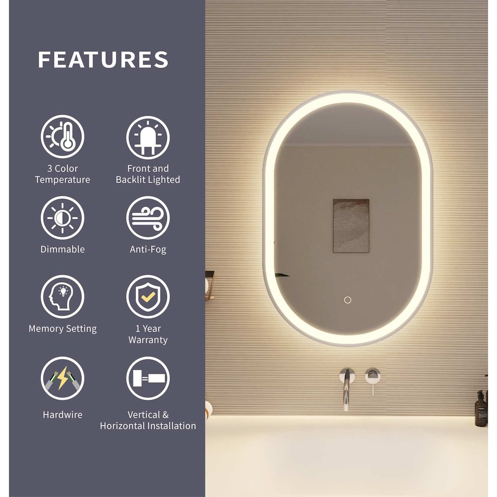 30 Inch Oval LED Front and Backlit Wall Mirror in Silver