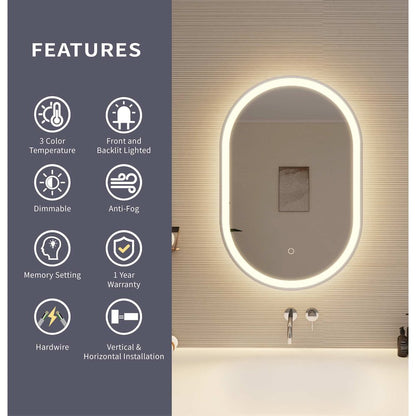 30 Inch Oval LED Front and Backlit Wall Mirror in Silver