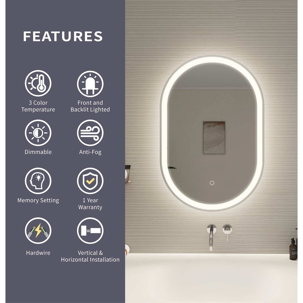 30 Inch Oval LED Front and Backlit Wall Mirror in Silver