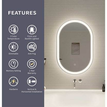 30 Inch Oval LED Front and Backlit Wall Mirror in Silver