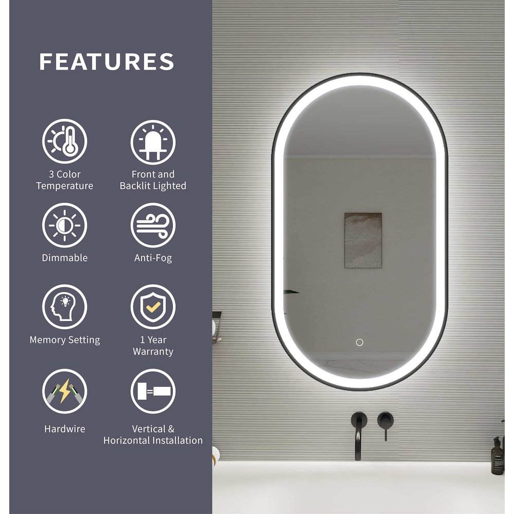 36 Inch Oval LED Front and Backlit Wall Mirror in Black