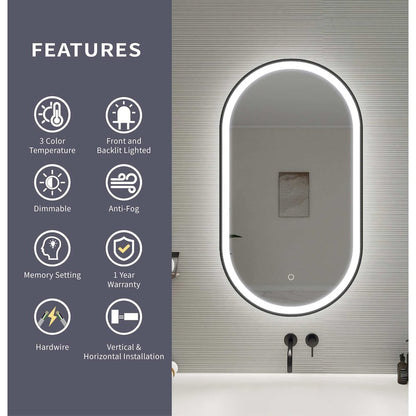 36 Inch Oval LED Front and Backlit Wall Mirror in Black
