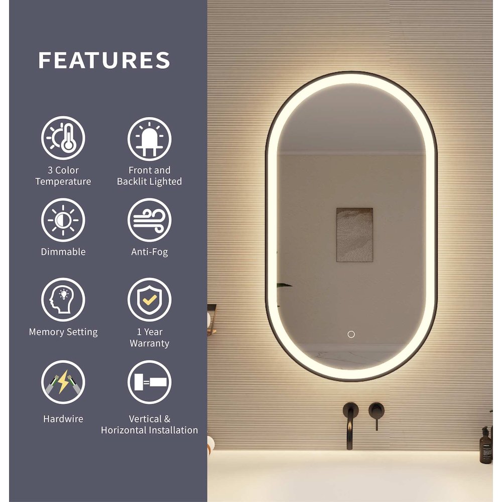 36 Inch Oval LED Front and Backlit Wall Mirror in Black
