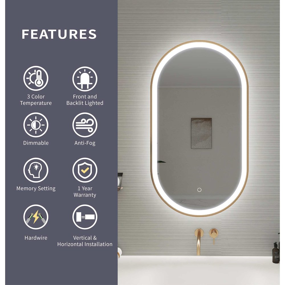 36 Inch Oval LED Front and Backlit Wall Mirror in Satin Gold