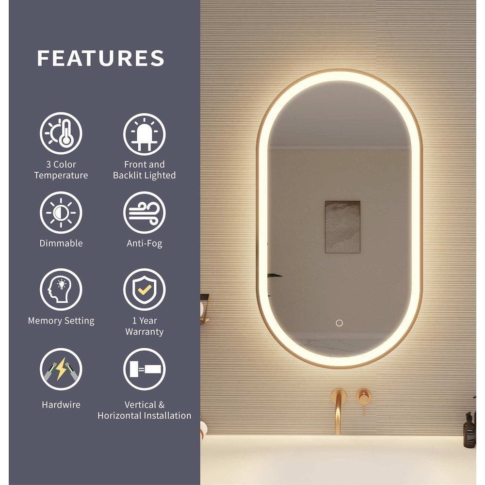 36 Inch Oval LED Front and Backlit Wall Mirror in Satin Gold