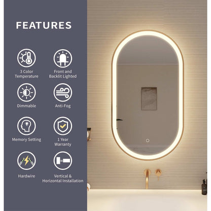 36 Inch Oval LED Front and Backlit Wall Mirror in Satin Gold