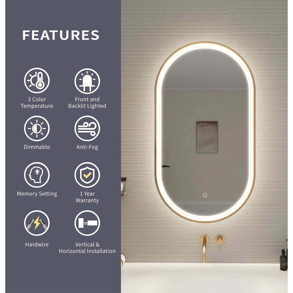 36 Inch Oval LED Front and Backlit Wall Mirror in Satin Gold