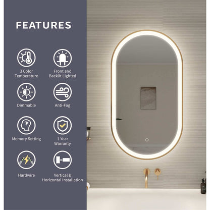 36 Inch Oval LED Front and Backlit Wall Mirror in Satin Gold