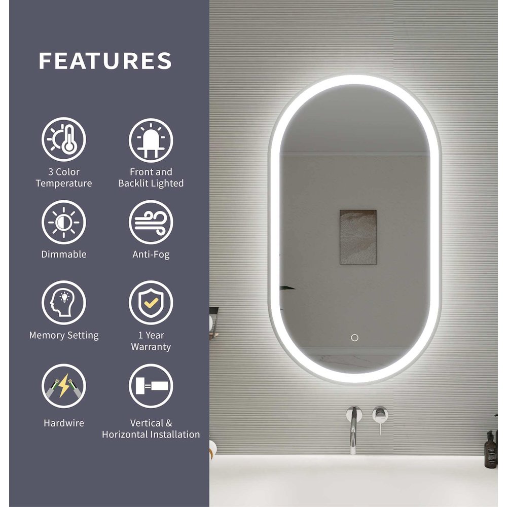 36 Inch Oval LED Front and Backlit Wall Mirror in Silver