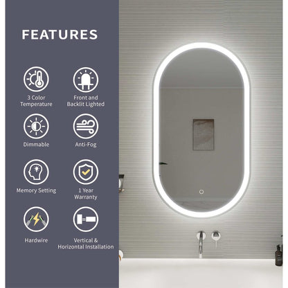 36 Inch Oval LED Front and Backlit Wall Mirror in Silver