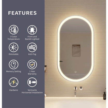 36 Inch Oval LED Front and Backlit Wall Mirror in Silver