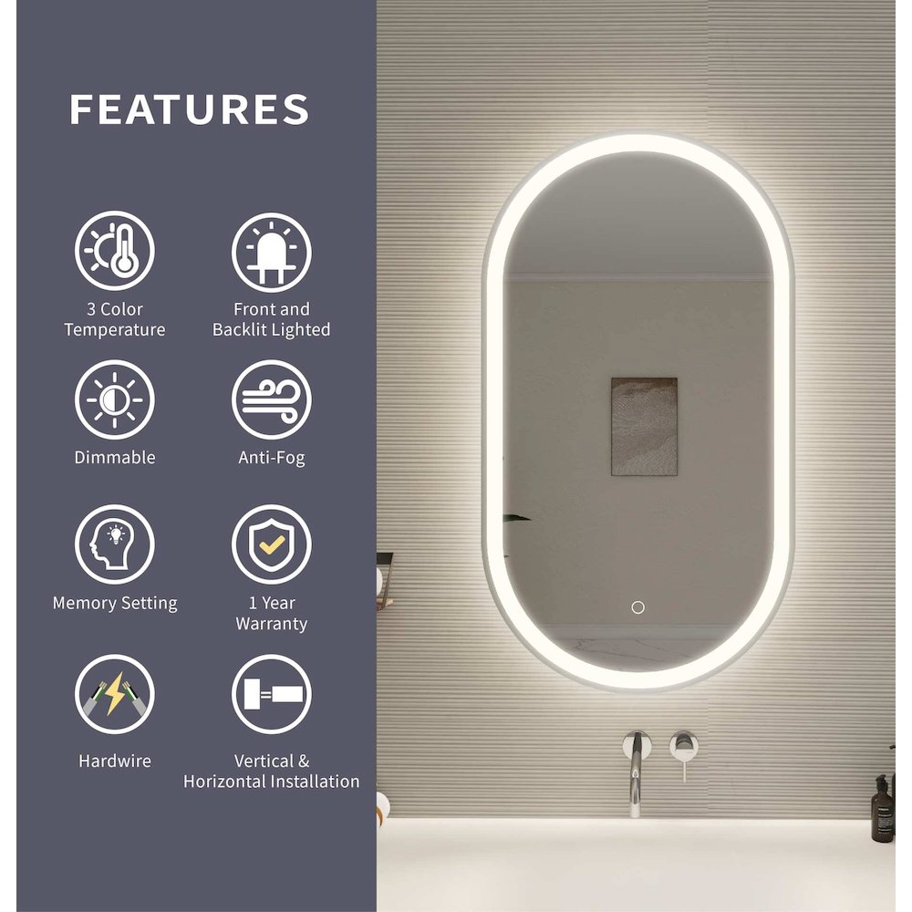36 Inch Oval LED Front and Backlit Wall Mirror in Silver