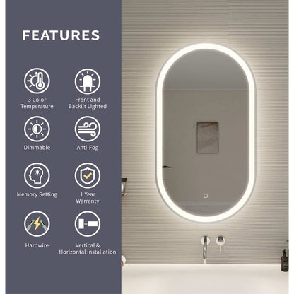 36 Inch Oval LED Front and Backlit Wall Mirror in Silver