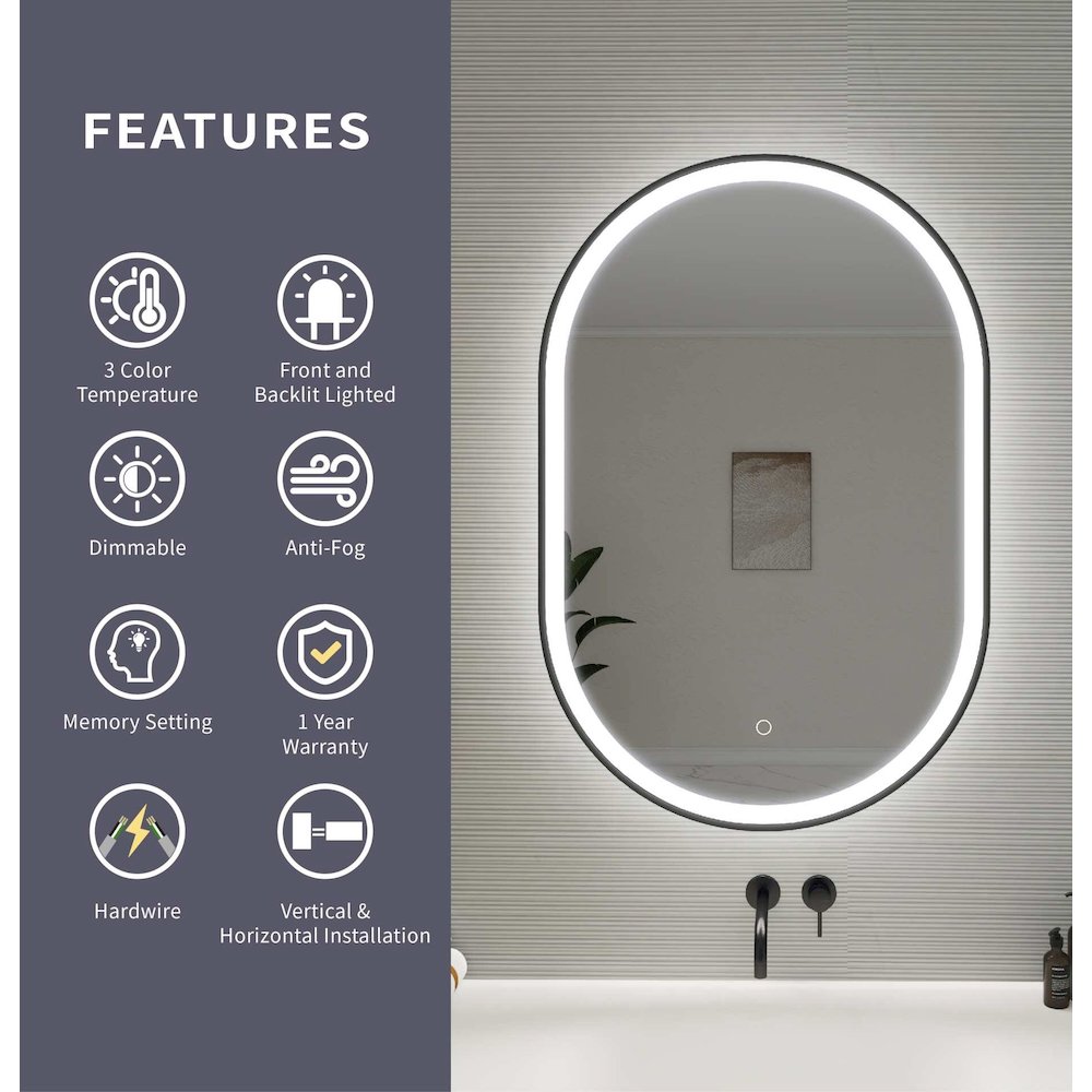 36 Inch Oval LED Front and Backlit Wall Mirror in Black