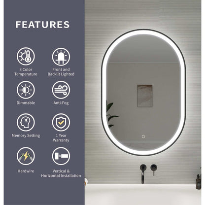 36 Inch Oval LED Front and Backlit Wall Mirror in Black