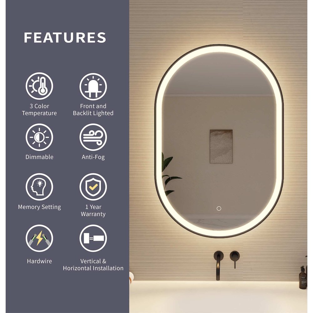 36 Inch Oval LED Front and Backlit Wall Mirror in Black