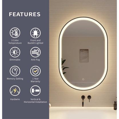 36 Inch Oval LED Front and Backlit Wall Mirror in Black