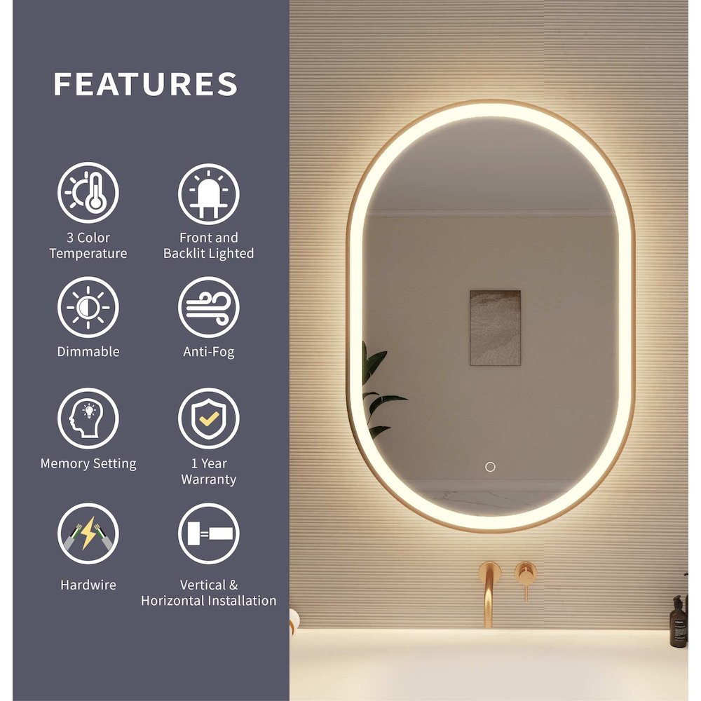 36 Inch Oval LED Front and Backlit Wall Mirror in Satin Gold