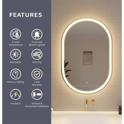 36 Inch Oval LED Front and Backlit Wall Mirror in Satin Gold