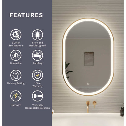 36 Inch Oval LED Front and Backlit Wall Mirror in Satin Gold