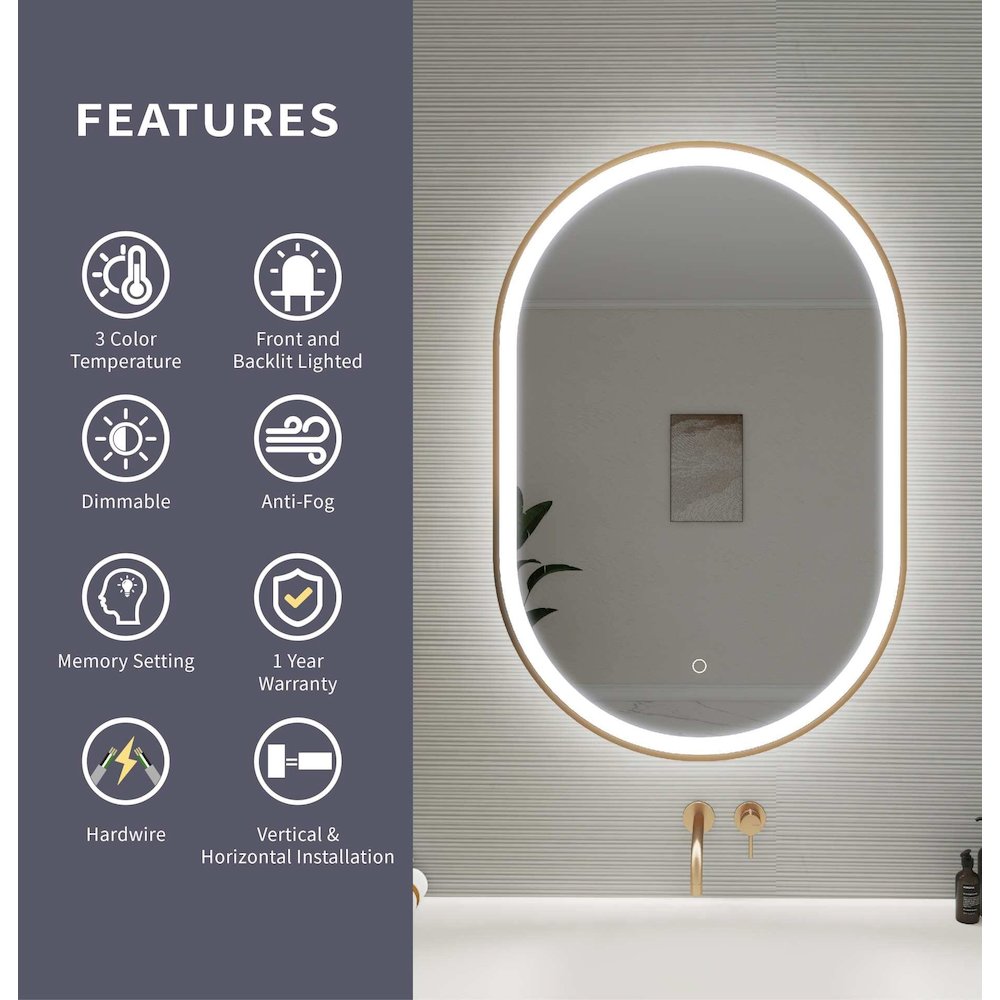36 Inch Oval LED Front and Backlit Wall Mirror in Satin Gold