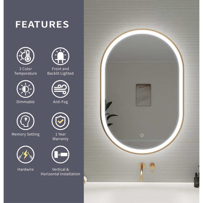 36 Inch Oval LED Front and Backlit Wall Mirror in Satin Gold
