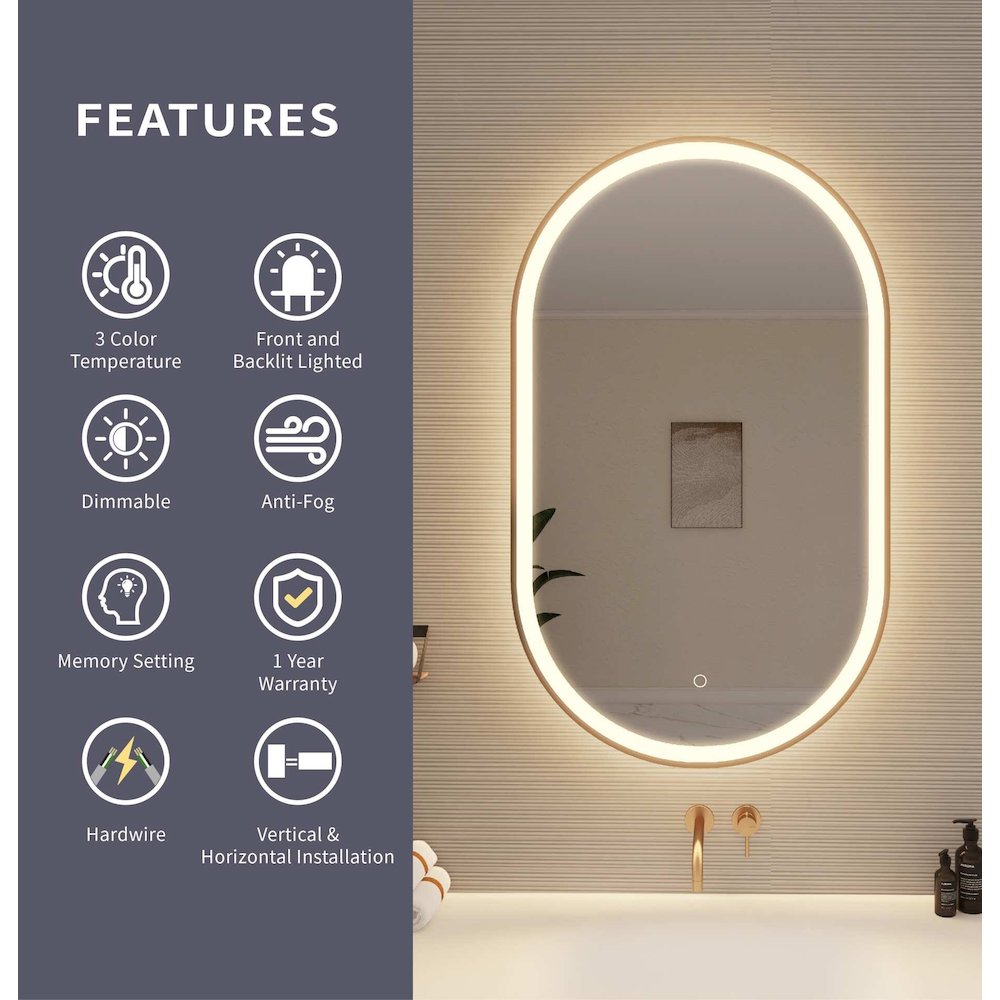 40 Inch Oval LED Front and Backlit Wall Mirror in Satin Gold