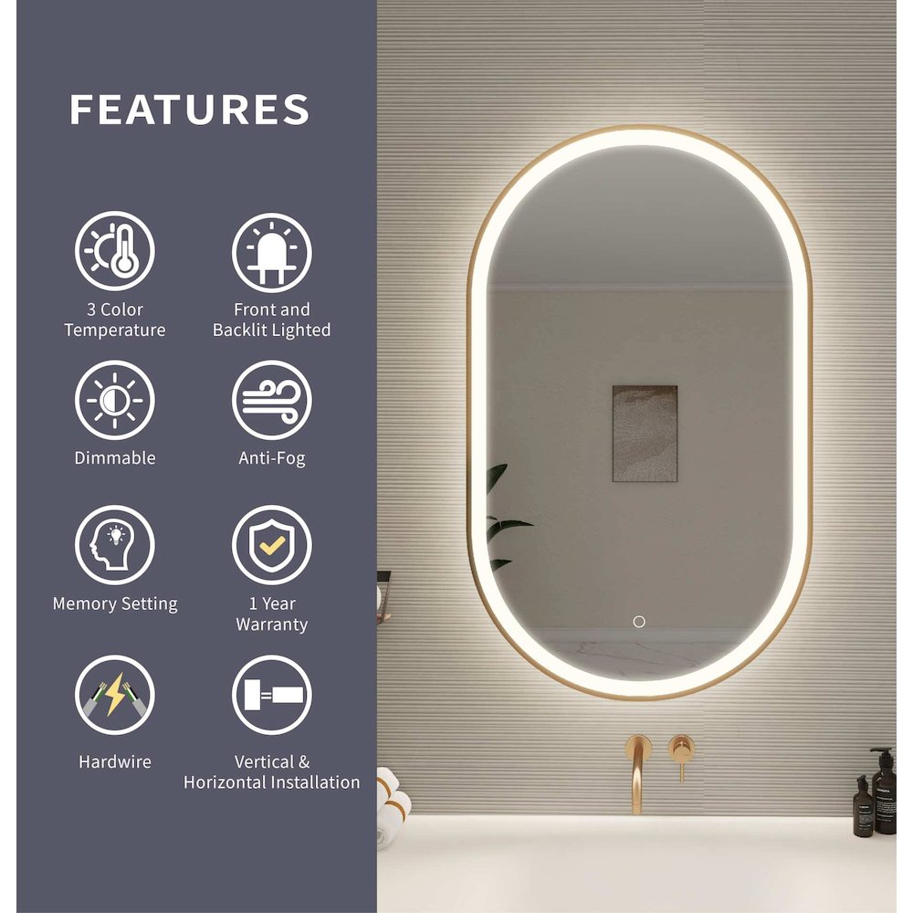 40 Inch Oval LED Front and Backlit Wall Mirror in Satin Gold