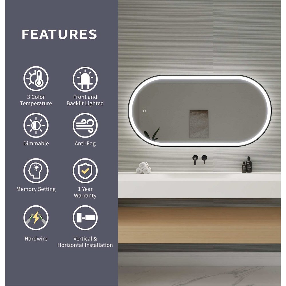 48 Inch Oval LED Front and Backlit Wall Mirror in Black