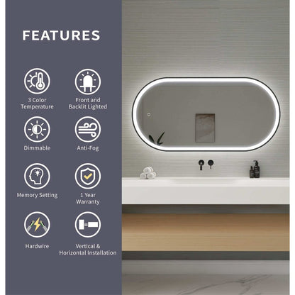 48 Inch Oval LED Front and Backlit Wall Mirror in Black