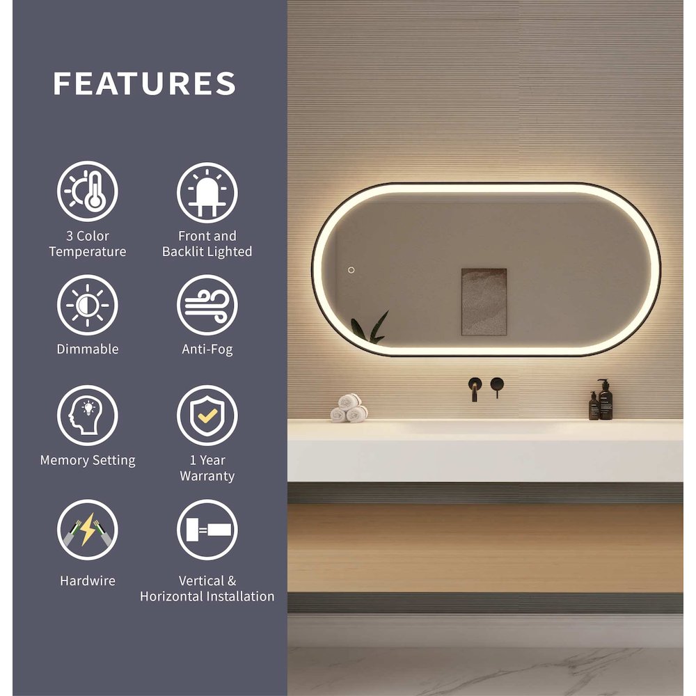 48 Inch Oval LED Front and Backlit Wall Mirror in Black