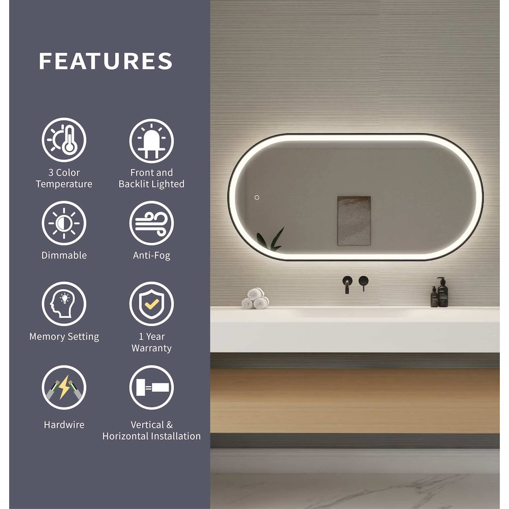 48 Inch Oval LED Front and Backlit Wall Mirror in Black