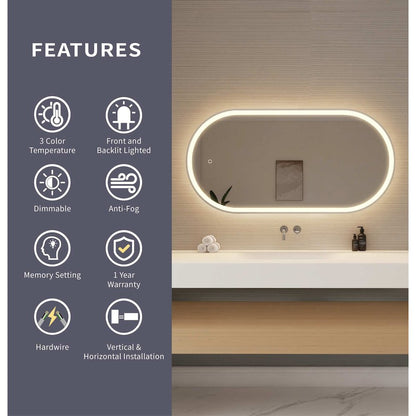 48 Inch Oval LED Front and Backlit Wall Mirror in Silver