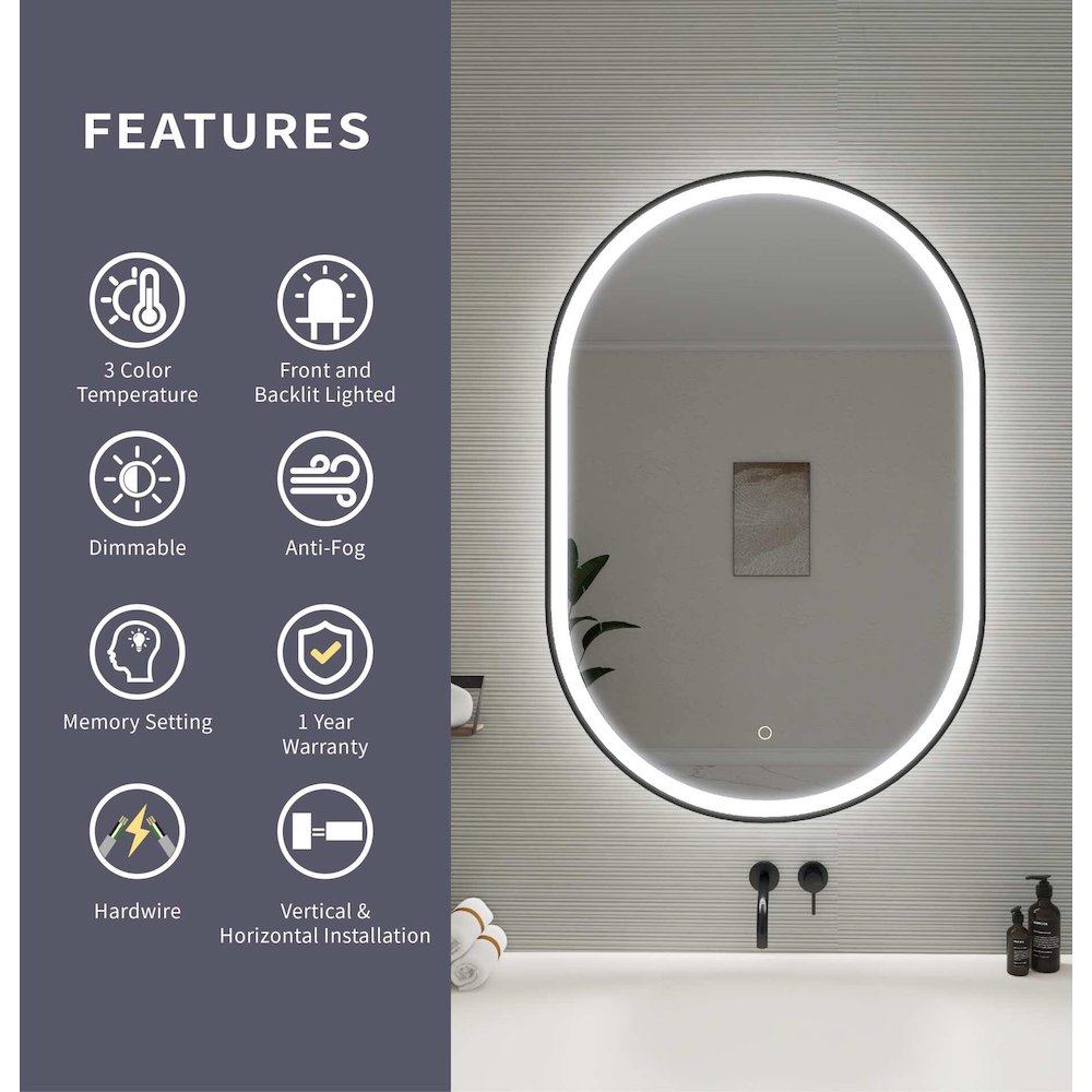 40 Inch Oval LED Front and Backlit Wall Mirror in Black