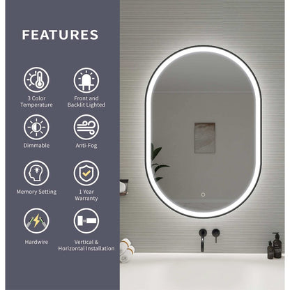 40 Inch Oval LED Front and Backlit Wall Mirror in Black