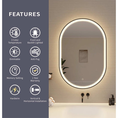 40 Inch Oval LED Front and Backlit Wall Mirror in Black