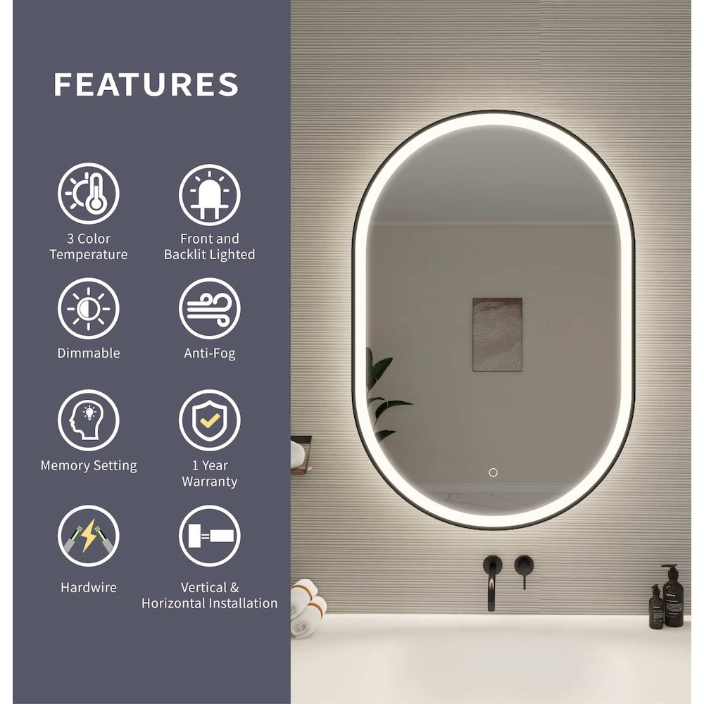 40 Inch Oval LED Front and Backlit Wall Mirror in Black