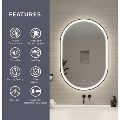 40 Inch Oval LED Front and Backlit Wall Mirror in Black