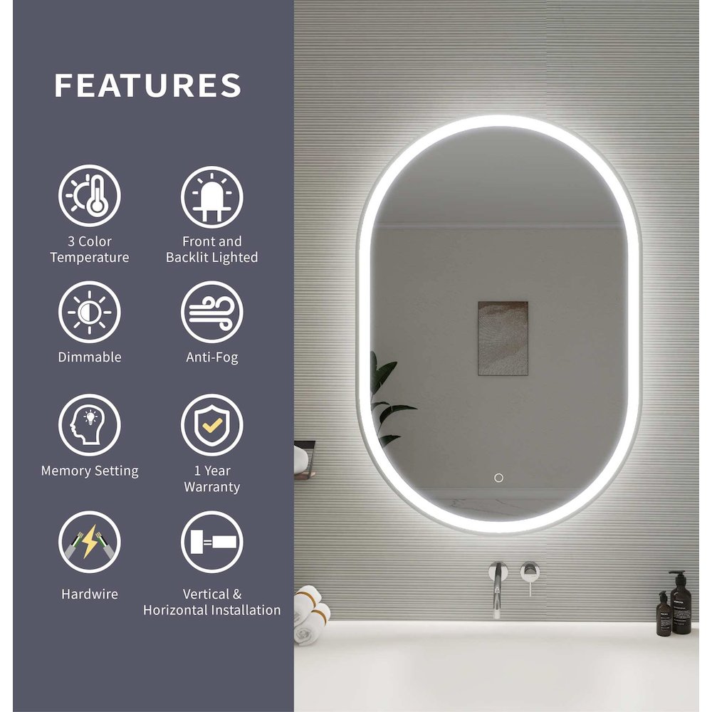 40 Inch Oval LED Front and Backlit Wall Mirror in Silver