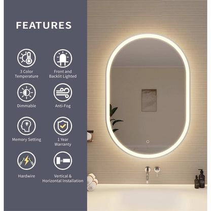 40 Inch Oval LED Front and Backlit Wall Mirror in Silver