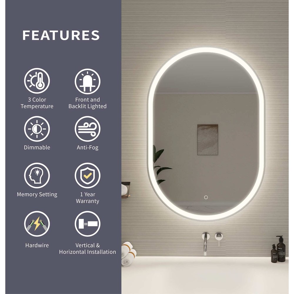 40 Inch Oval LED Front and Backlit Wall Mirror in Silver